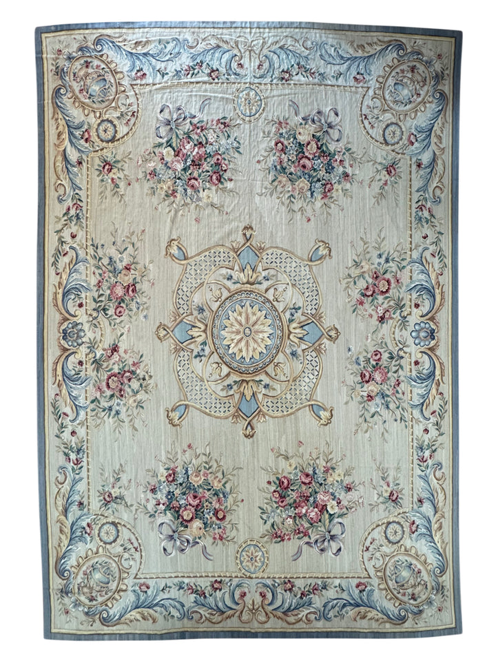 Ivory &amp; Powder Blue Chinese Aubusson Style Floral Rug – 14.1’ × 20.8’
