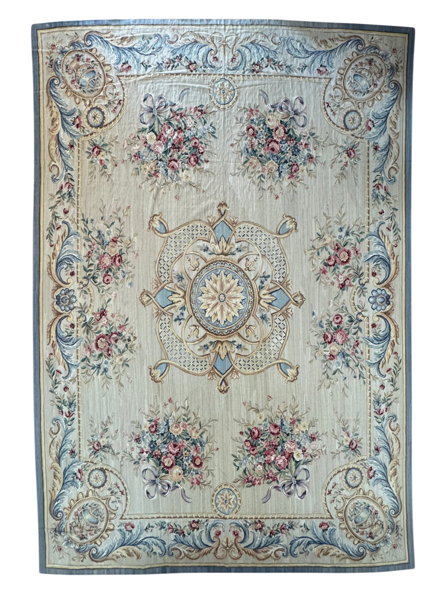 Ivory & Powder Blue Chinese Aubusson Style Floral Rug – 14.1’ × 20.8’