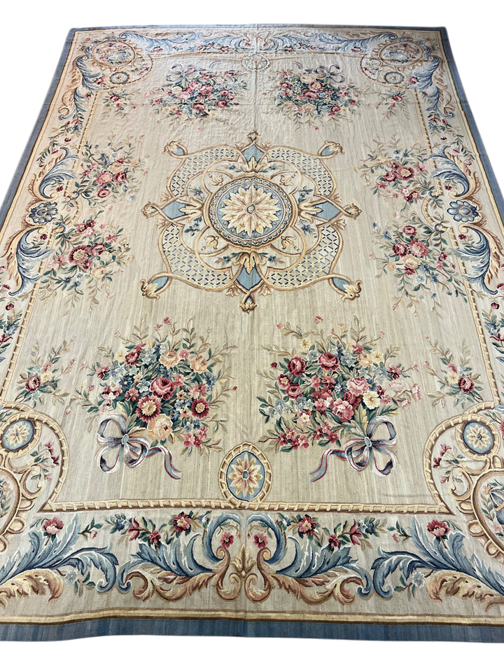 Ivory &amp; Powder Blue Chinese Aubusson Style Floral Rug – 14.1’ × 20.8’