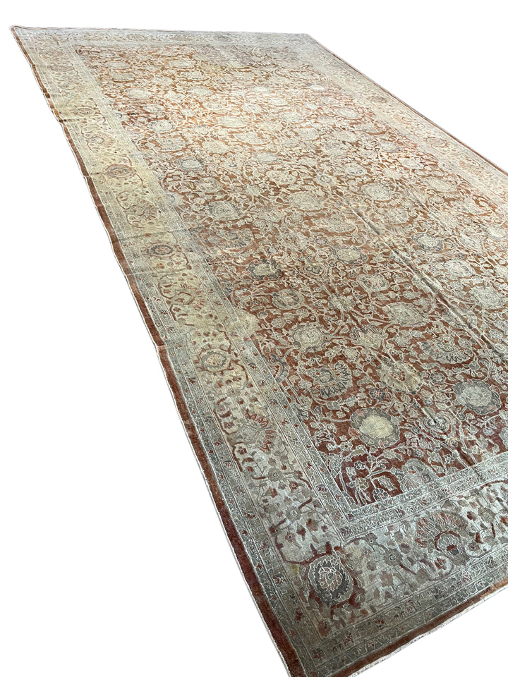 Rust &amp; Sage Oversized Vintage Indian Agra - Wool Rug – 11’3” × 20’7”, Circa 1980