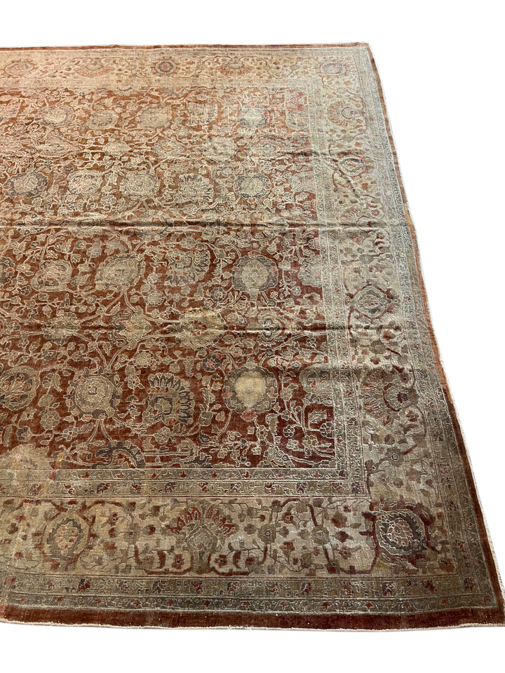 Rust &amp; Sage Oversized Vintage Indian Agra - Wool Rug – 11’3” × 20’7”, Circa 1980