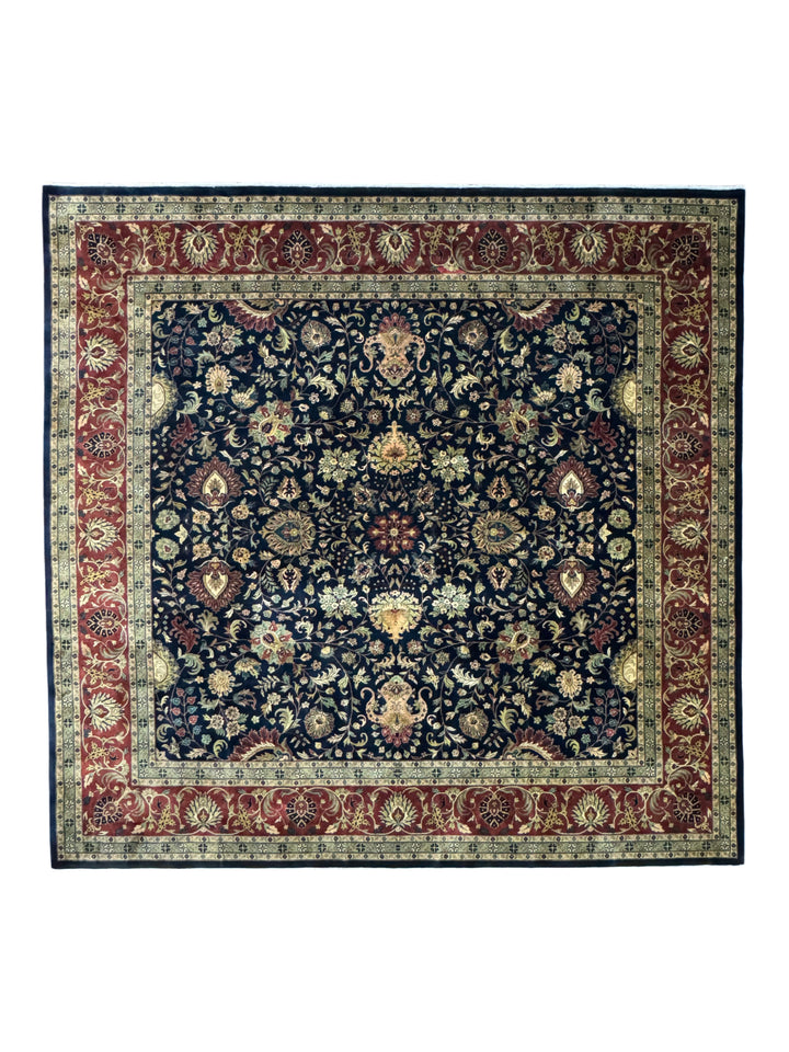 Navy &amp; Rust Indian Agra Square Rug – 12’ × 12’