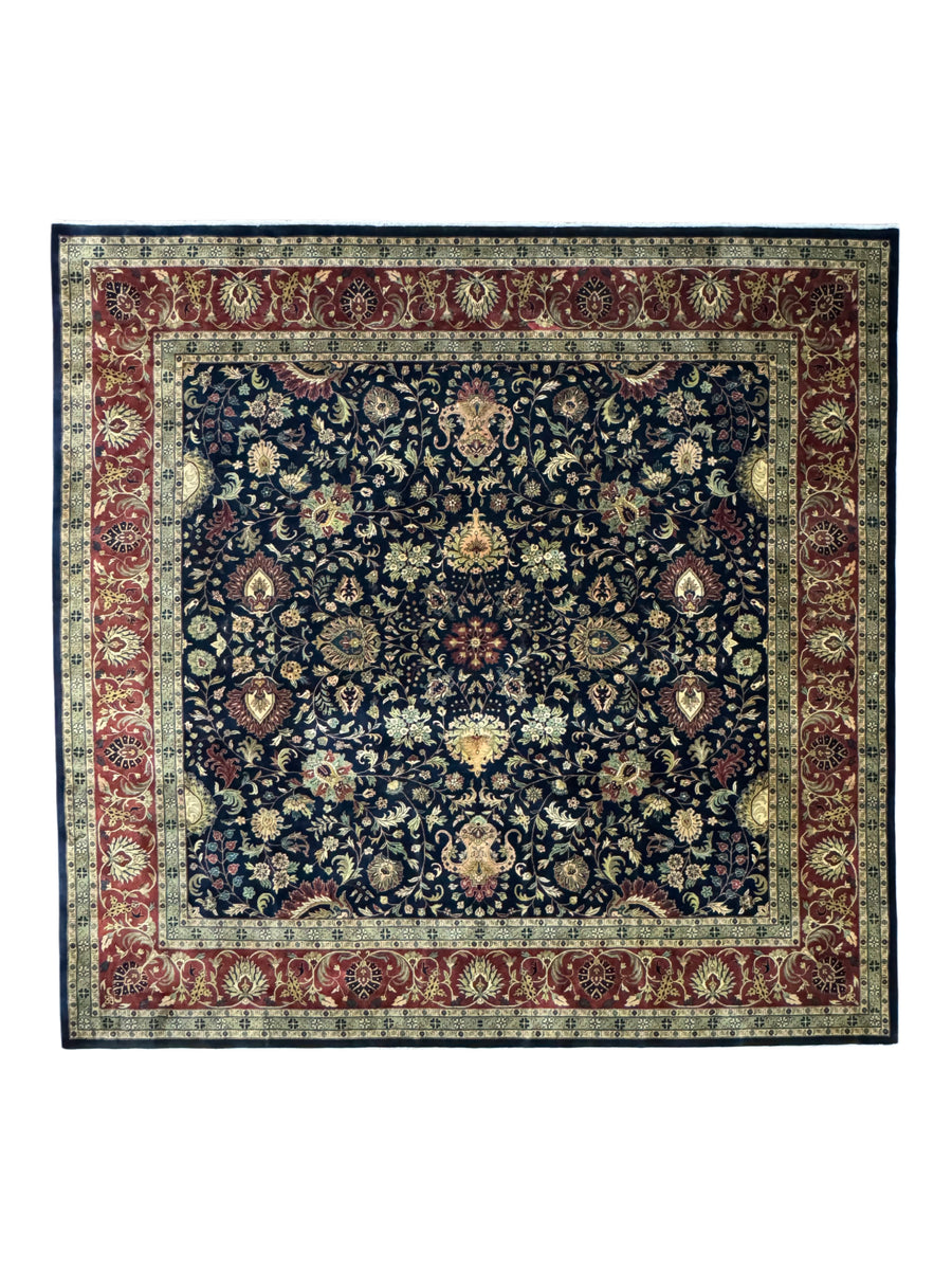 Navy & Rust Indian Agra Square Rug – 12’ × 12’