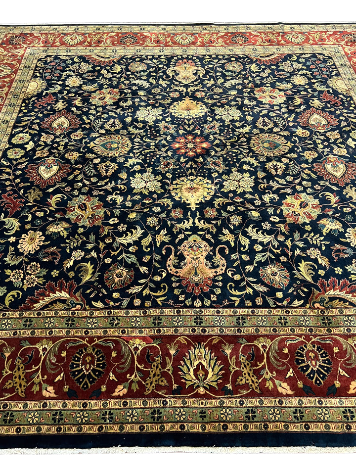 Navy &amp; Rust Indian Agra Square Rug – 12’ × 12’