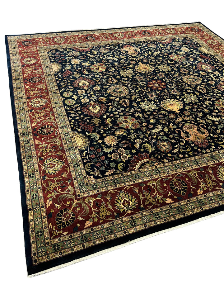 Navy &amp; Rust Indian Agra Square Rug – 12’ × 12’