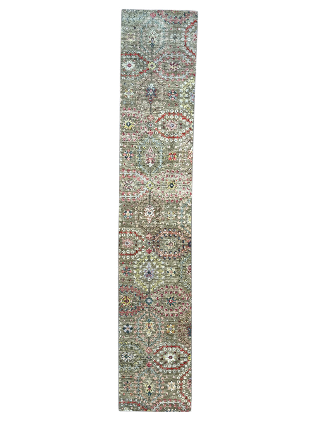 Olive-Grey &amp; Multicolor Floral Wool Runner Rug – 2’4” × 12’8”