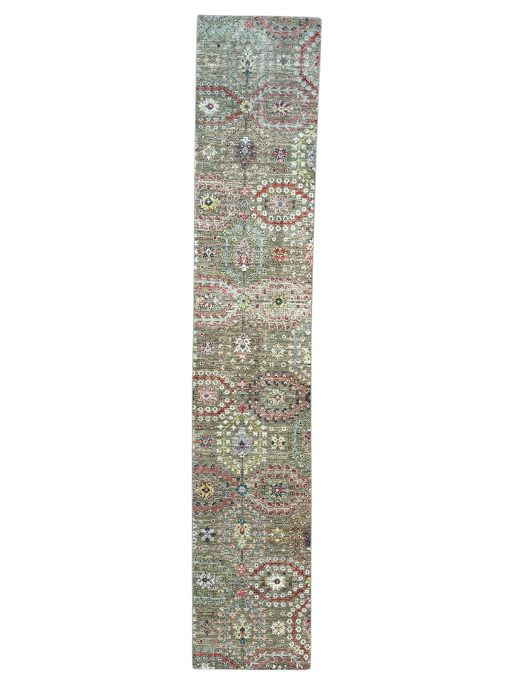 Olive-Grey &amp; Multicolor Floral Wool Runner Rug – 2’4” × 12’8”