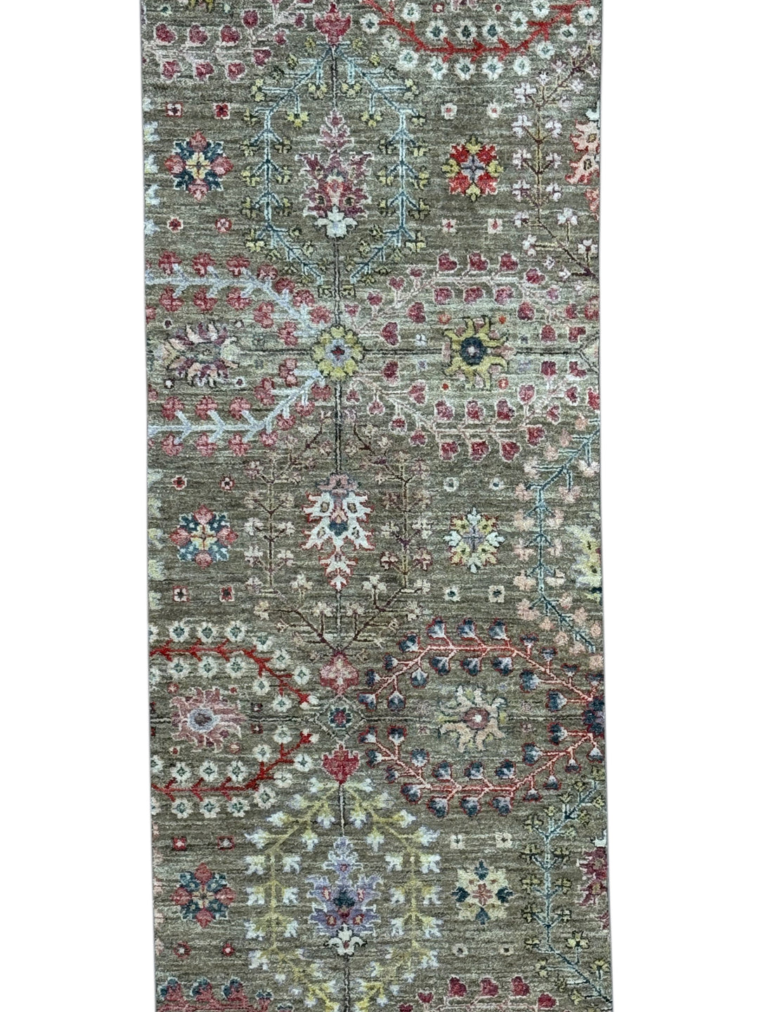 Olive-Grey &amp; Multicolor Floral Wool Runner Rug – 2’4” × 12’8”