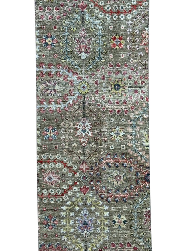 Olive-Grey &amp; Multicolor Floral Wool Runner Rug – 2’4” × 12’8”