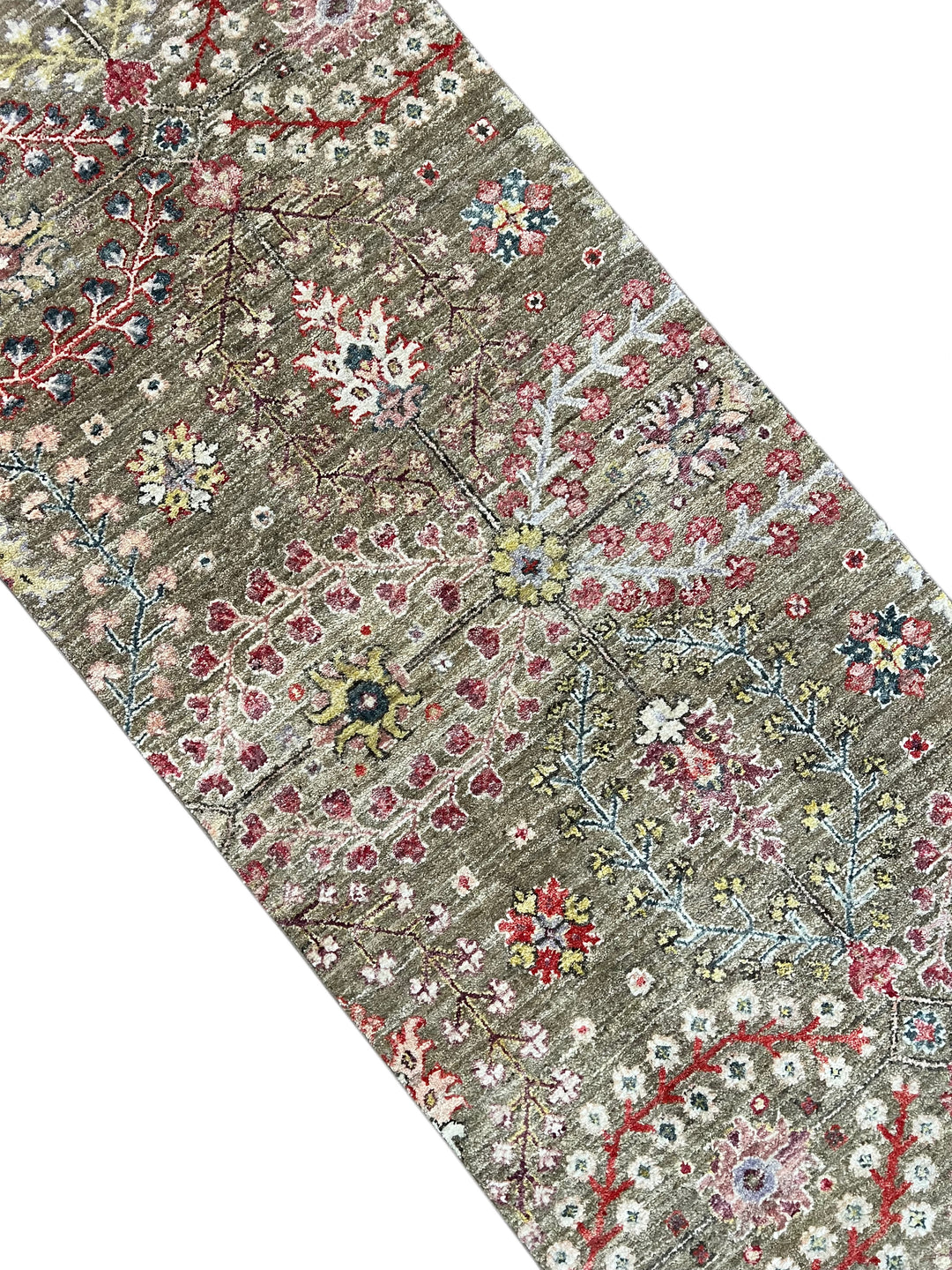 Olive-Grey &amp; Multicolor Floral Wool Runner Rug – 2’4” × 12’8”