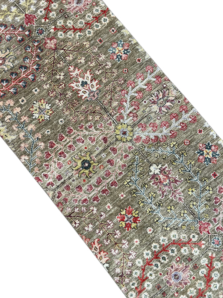 Olive-Grey &amp; Multicolor Floral Wool Runner Rug – 2’4” × 12’8”