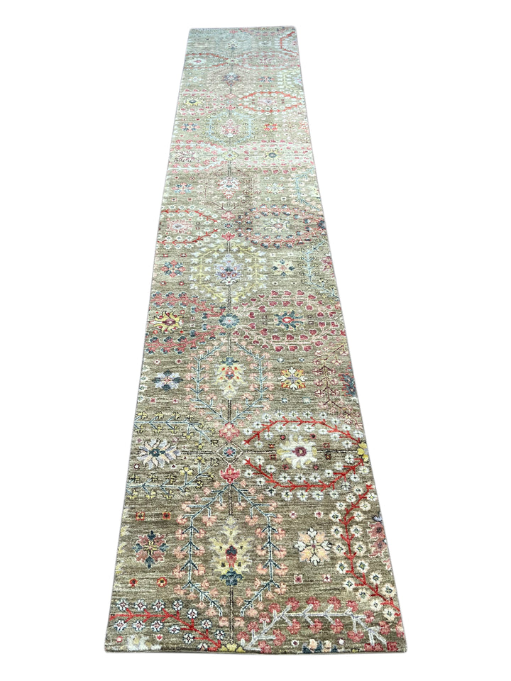 Olive-Grey &amp; Multicolor Floral Wool Runner Rug – 2’4” × 12’8”