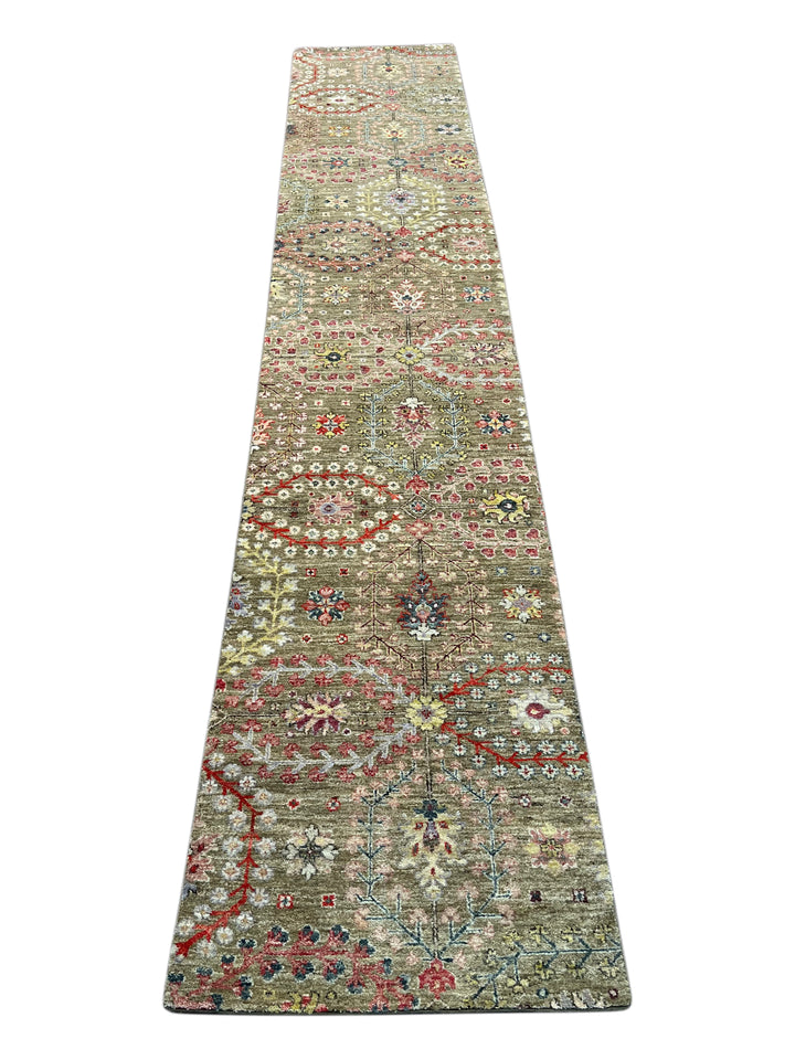 Olive-Grey &amp; Multicolor Floral Wool Runner Rug – 2’4” × 12’8”