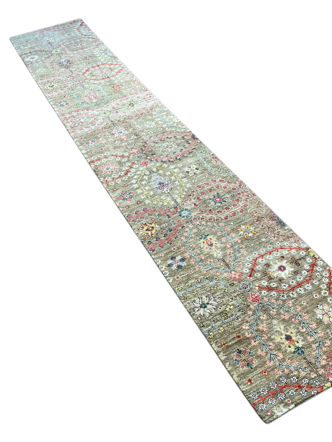 Olive-Grey &amp; Multicolor Floral Wool Runner Rug – 2’4” × 12’8”
