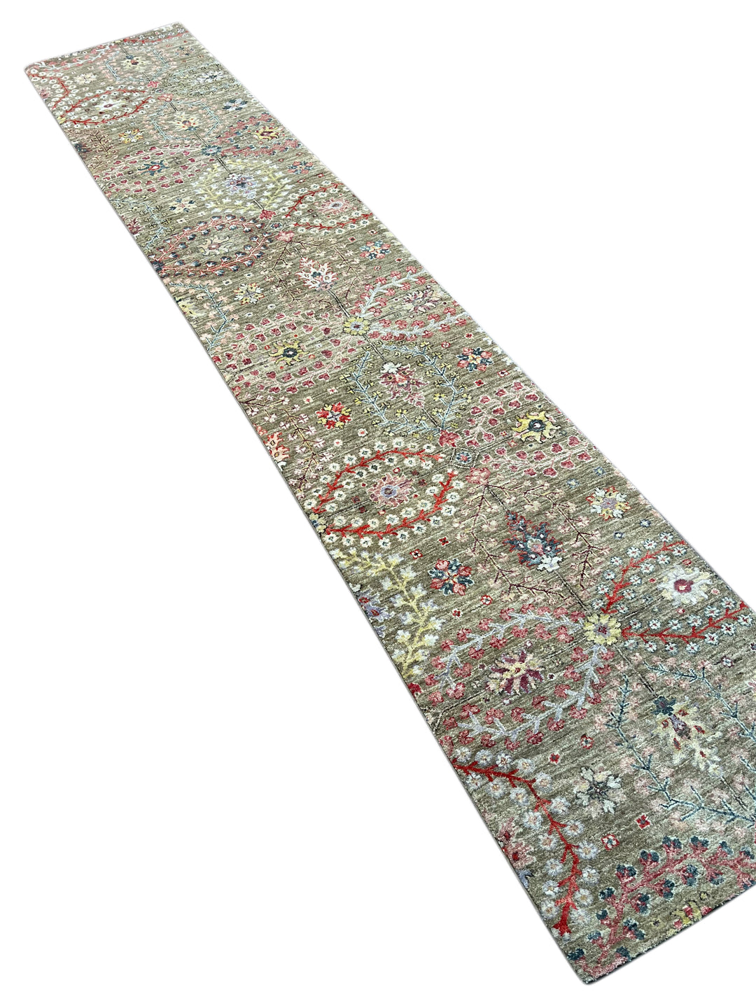 Olive-Grey &amp; Multicolor Floral Wool Runner Rug – 2’4” × 12’8”