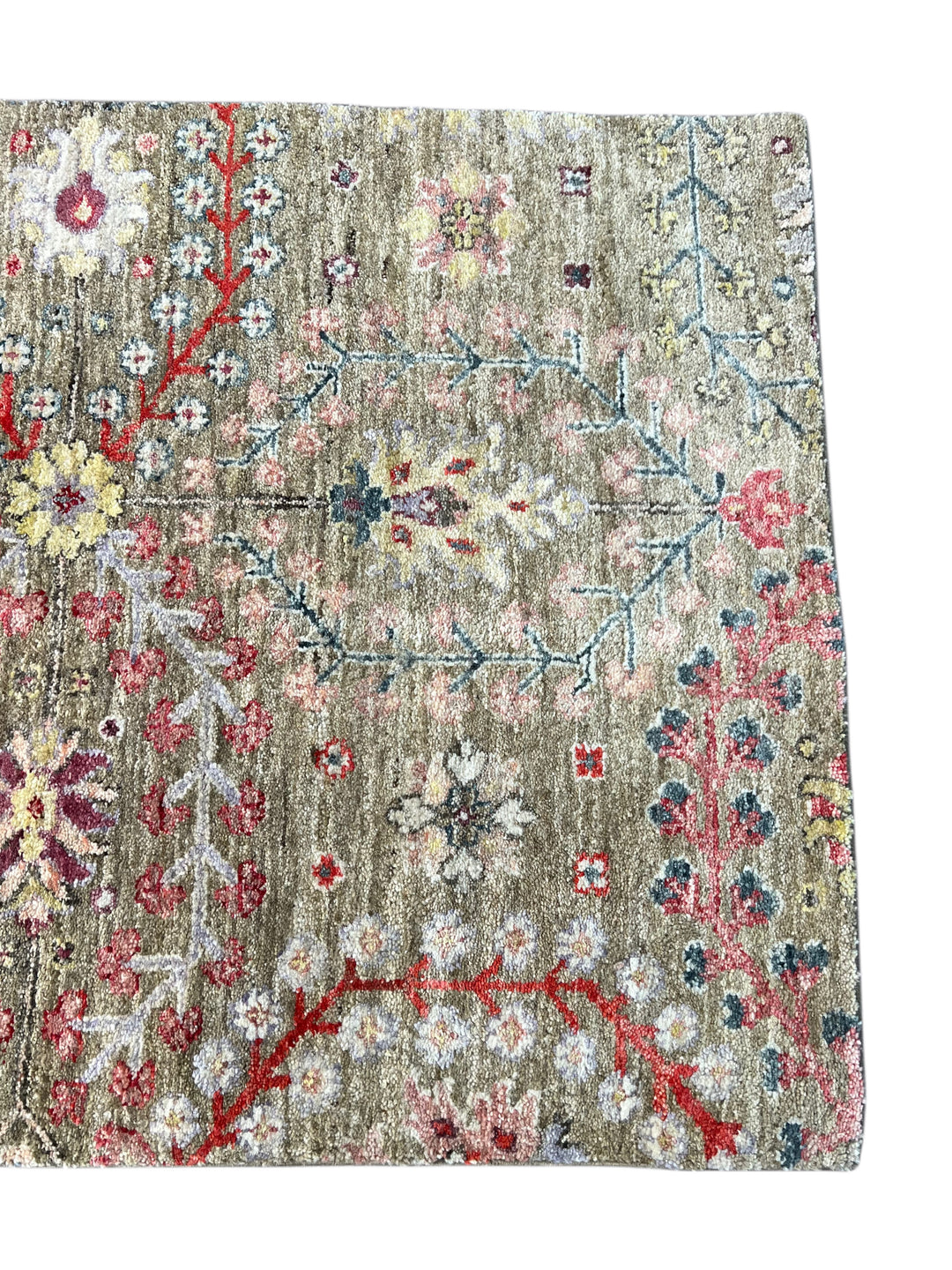 Olive-Grey &amp; Multicolor Floral Wool Runner Rug – 2’4” × 12’8”