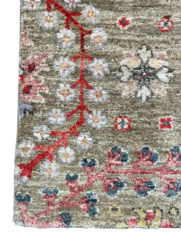 Olive-Grey &amp; Multicolor Floral Wool Runner Rug – 2’4” × 12’8”