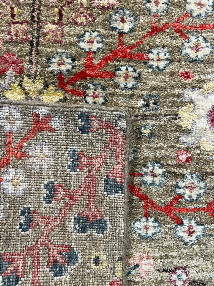 Olive-Grey &amp; Multicolor Floral Wool Runner Rug – 2’4” × 12’8”