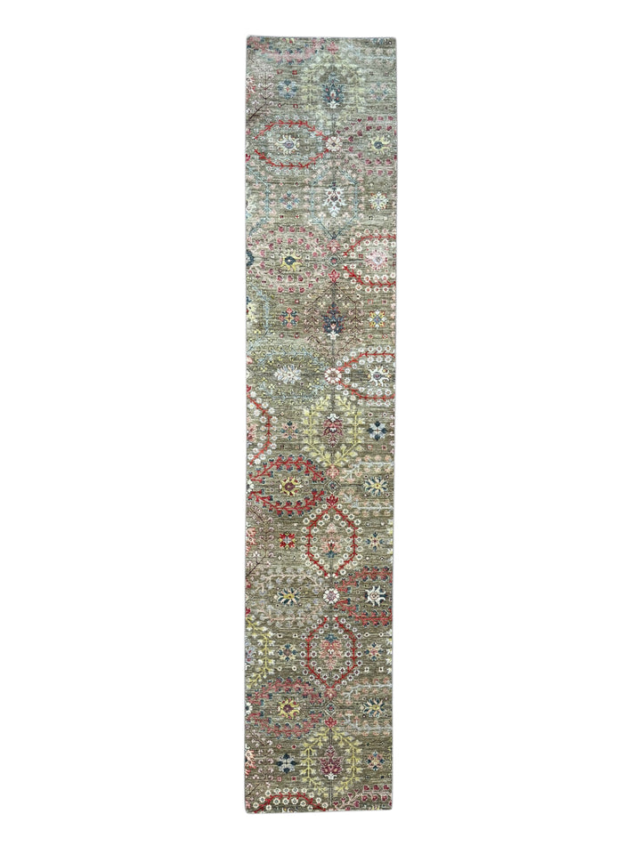 Olive-Grey &amp; Multicolor Botanical Runner Rug – 2’5” × 12’8”