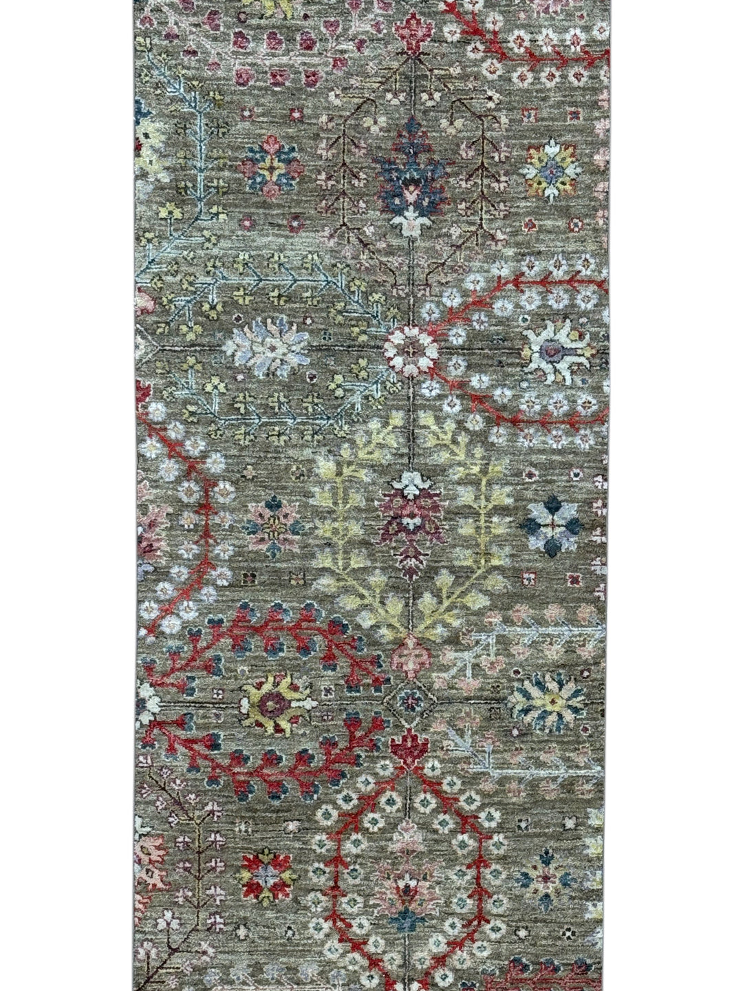 Olive-Grey &amp; Multicolor Botanical Runner Rug – 2’5” × 12’8”