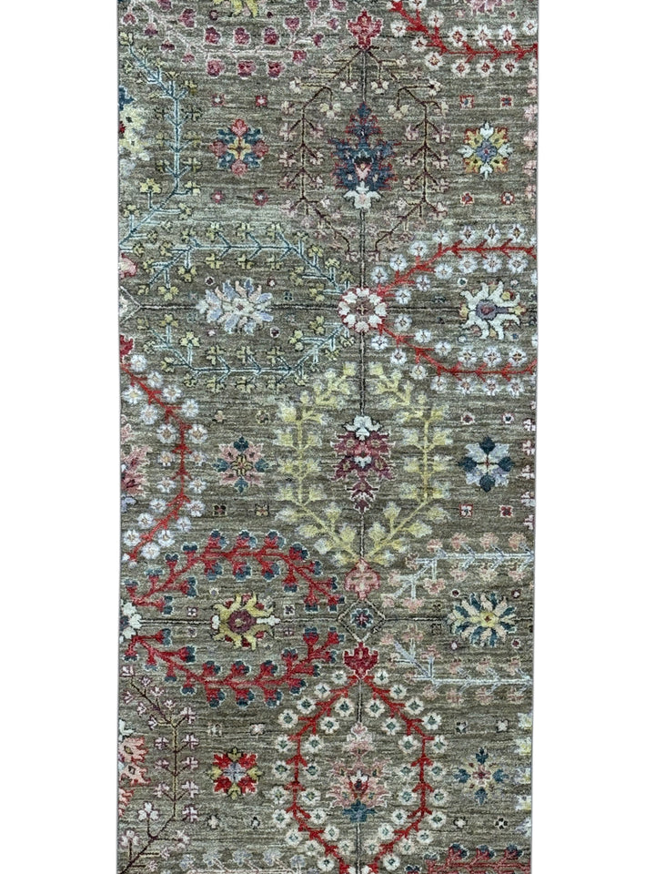 Olive-Grey &amp; Multicolor Botanical Runner Rug – 2’5” × 12’8”