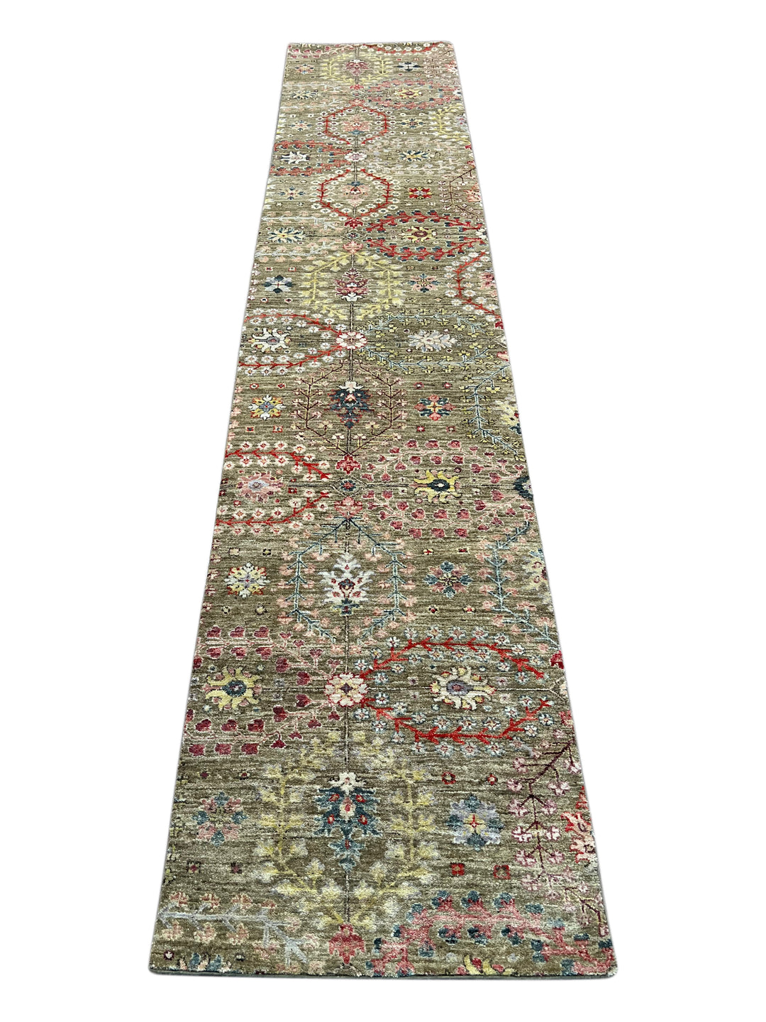 Olive-Grey &amp; Multicolor Botanical Runner Rug – 2’5” × 12’8”