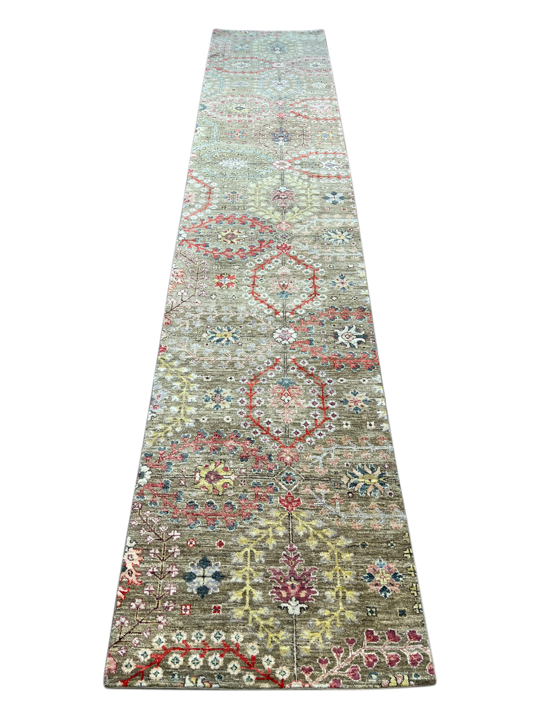 Olive-Grey &amp; Multicolor Botanical Runner Rug – 2’5” × 12’8”