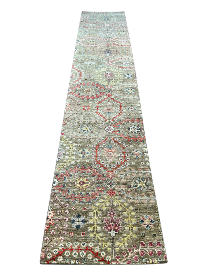 Olive-Grey &amp; Multicolor Botanical Runner Rug – 2’5” × 12’8”