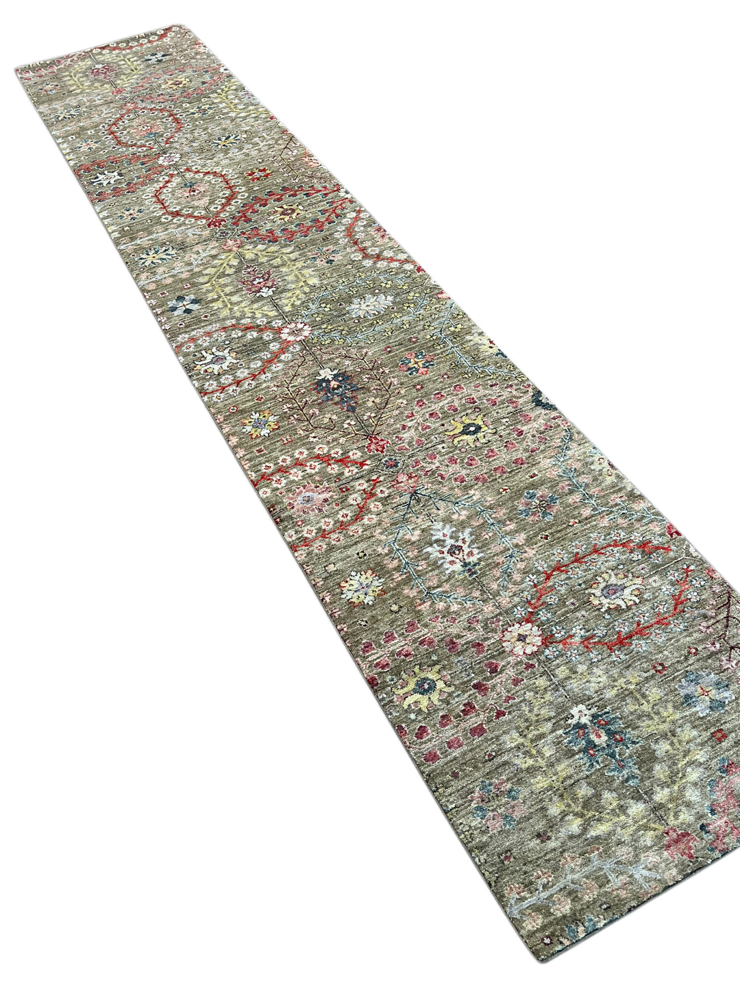 Olive-Grey &amp; Multicolor Botanical Runner Rug – 2’5” × 12’8”