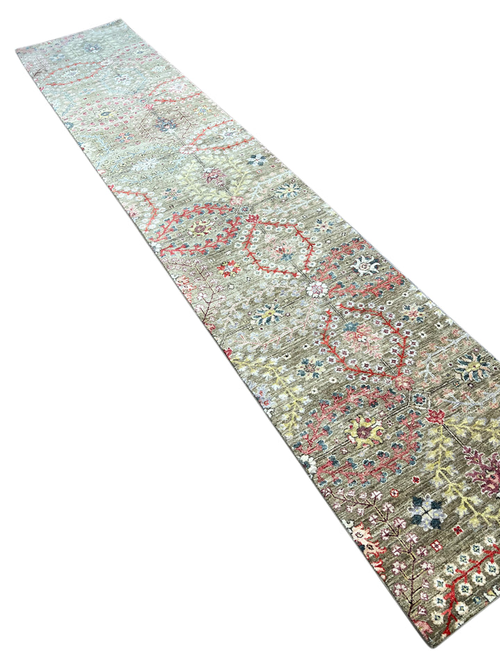 Olive-Grey &amp; Multicolor Botanical Runner Rug – 2’5” × 12’8”