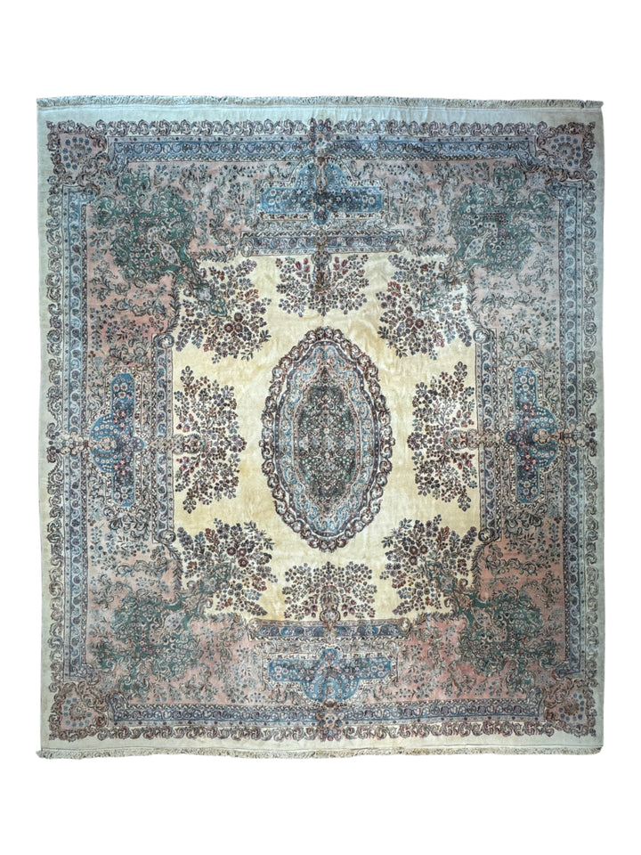 Ivory, Pink &amp; Blue Square European Style Kerman Rug, circa 1950 – 13’9” × 15’6”