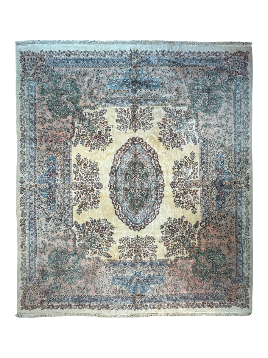 Ivory, Pink & Blue Square European Style Kerman Rug, circa 1950 – 13’9” × 15’6”