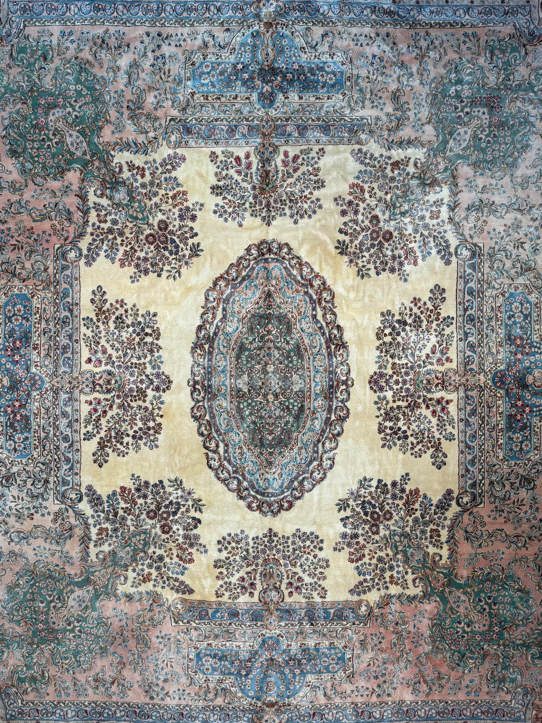 Ivory, Pink &amp; Blue Square European Style Kerman Rug, circa 1950 – 13’9” × 15’6”
