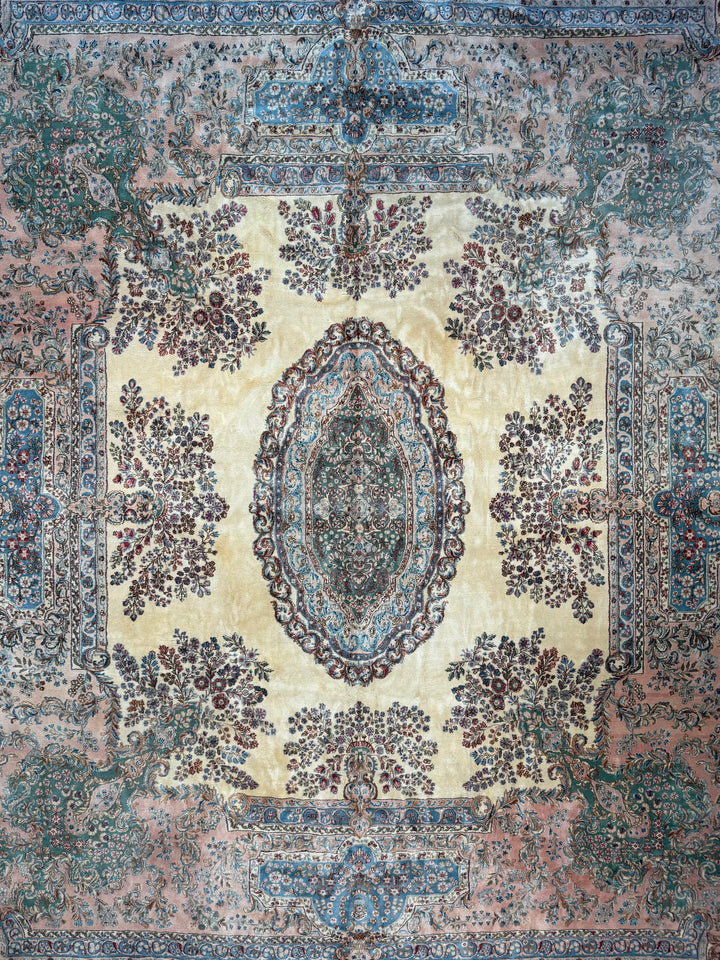 Ivory, Pink &amp; Blue Square European Style Kerman Rug, circa 1950 – 13’9” × 15’6”