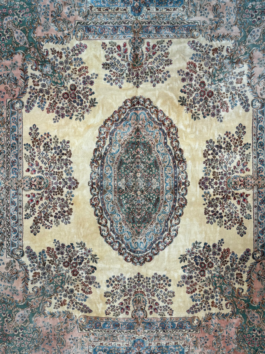 Ivory, Pink &amp; Blue Square European Style Kerman Rug, circa 1950 – 13’9” × 15’6”