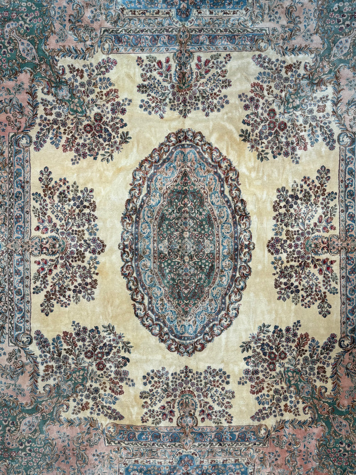 Ivory, Pink &amp; Blue Square European Style Kerman Rug, circa 1950 – 13’9” × 15’6”
