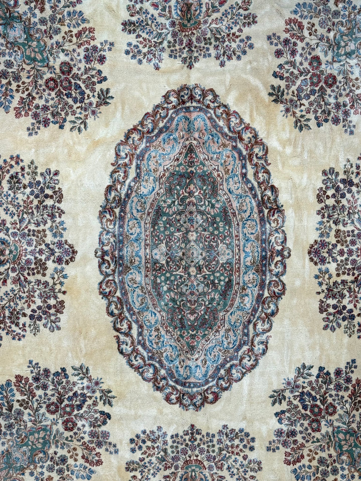 Ivory, Pink &amp; Blue Square European Style Kerman Rug, circa 1950 – 13’9” × 15’6”