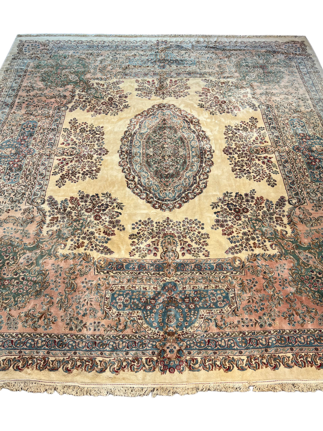 Ivory, Pink &amp; Blue Square European Style Kerman Rug, circa 1950 – 13’9” × 15’6”