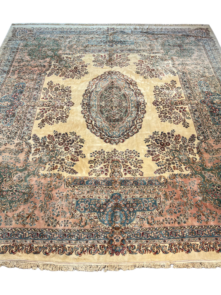 Ivory, Pink &amp; Blue Square European Style Kerman Rug, circa 1950 – 13’9” × 15’6”