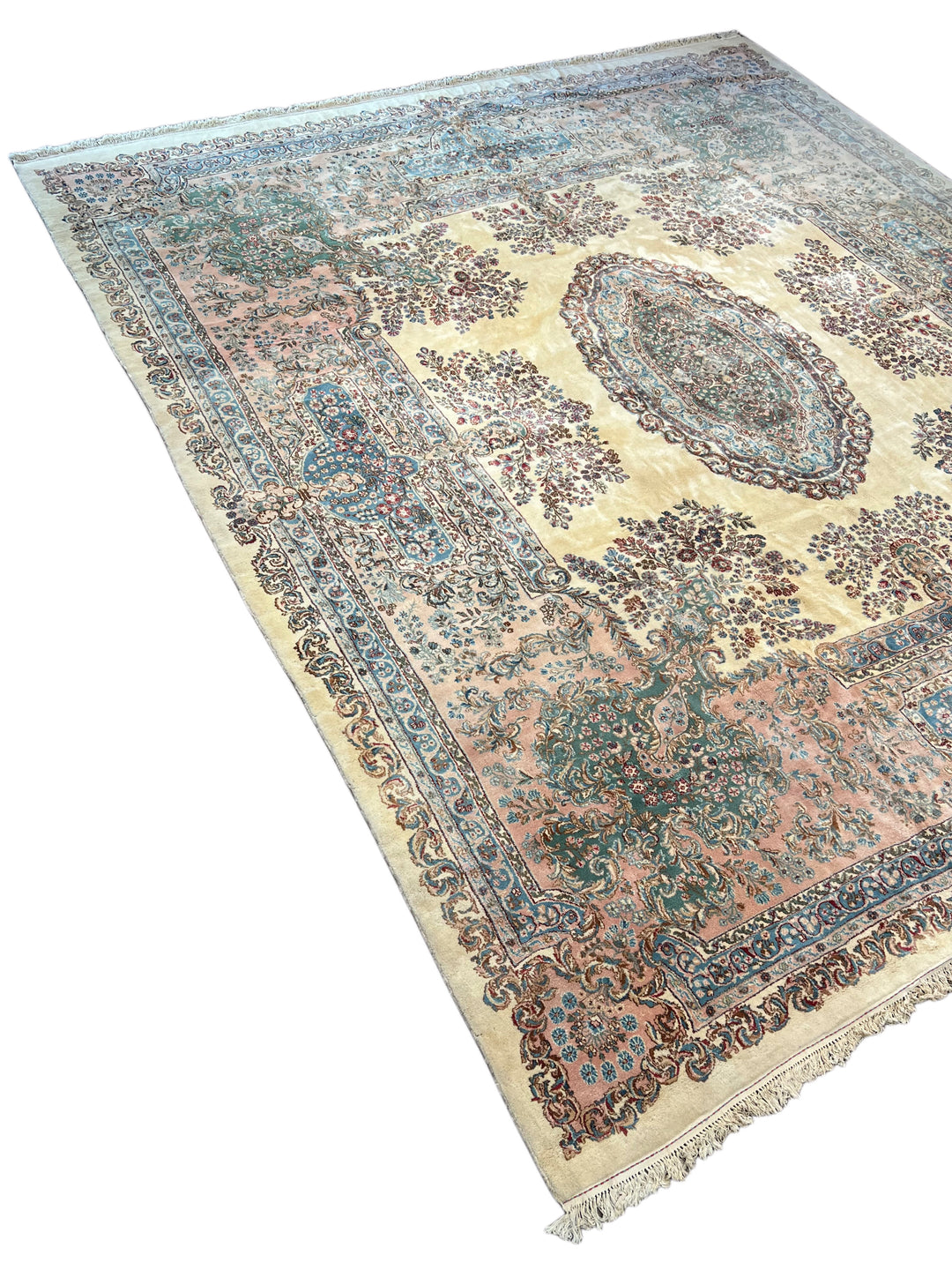 Ivory, Pink &amp; Blue Square European Style Kerman Rug, circa 1950 – 13’9” × 15’6”