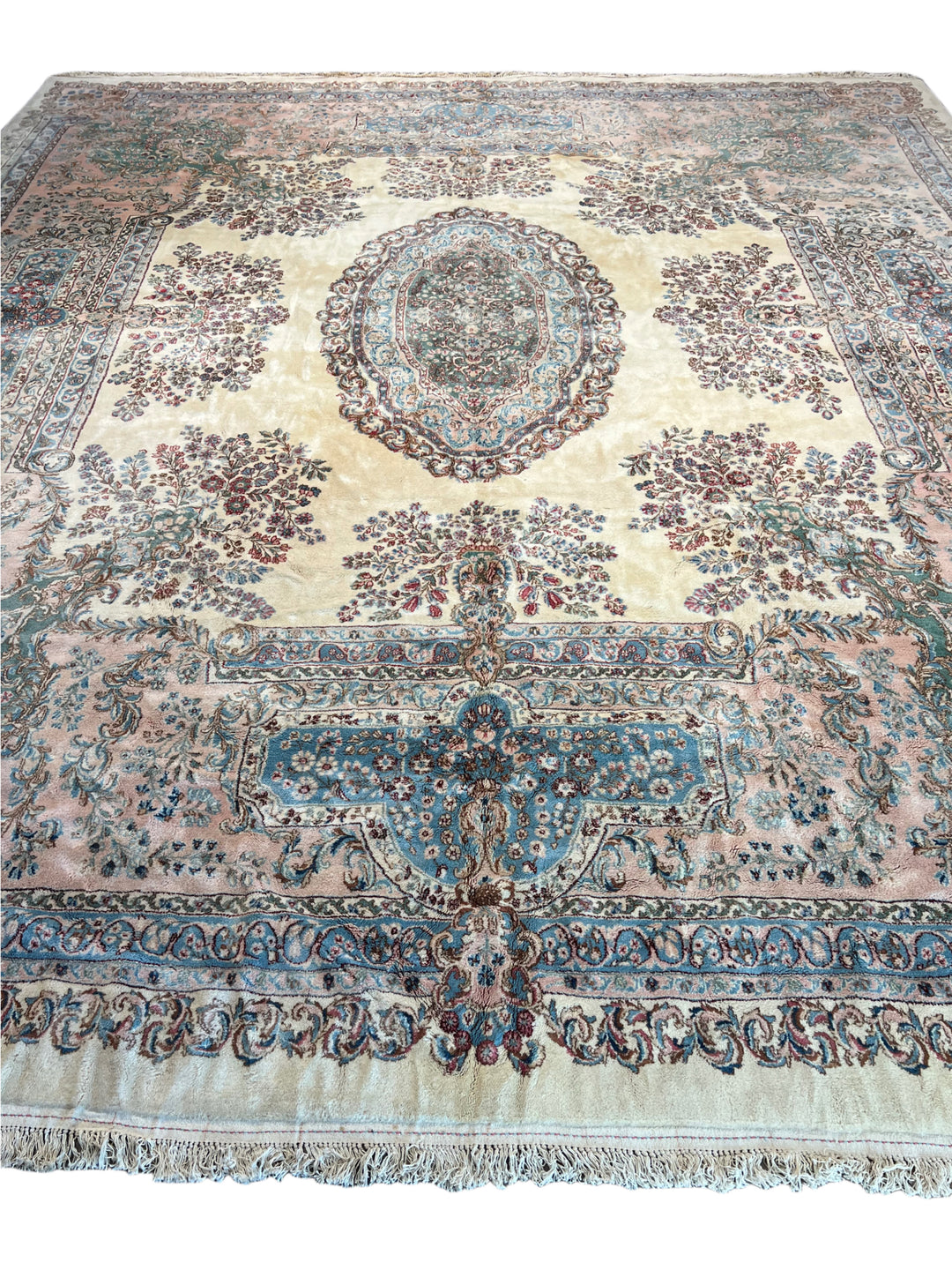 Ivory, Pink &amp; Blue Square European Style Kerman Rug, circa 1950 – 13’9” × 15’6”