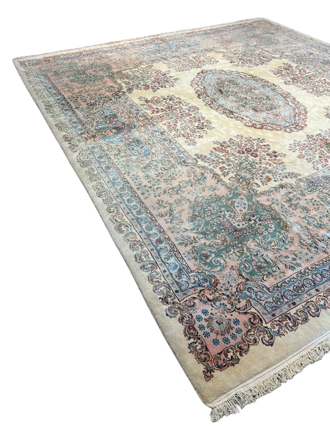 Ivory, Pink &amp; Blue Square European Style Kerman Rug, circa 1950 – 13’9” × 15’6”