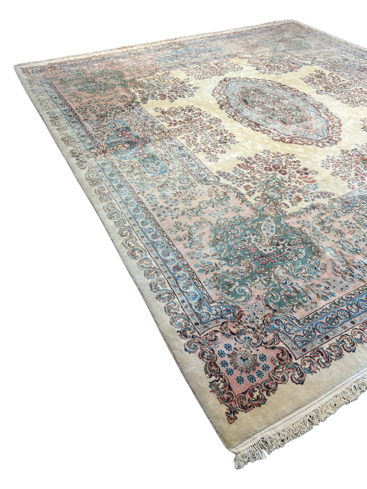 Ivory, Pink &amp; Blue Square European Style Kerman Rug, circa 1950 – 13’9” × 15’6”