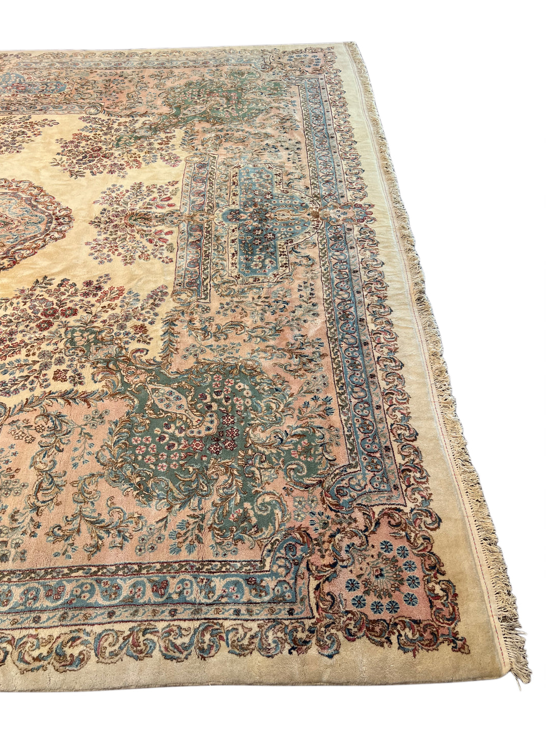 Ivory, Pink &amp; Blue Square European Style Kerman Rug, circa 1950 – 13’9” × 15’6”