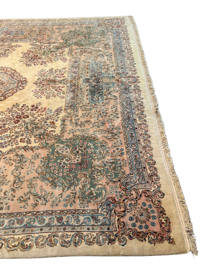 Ivory, Pink &amp; Blue Square European Style Kerman Rug, circa 1950 – 13’9” × 15’6”