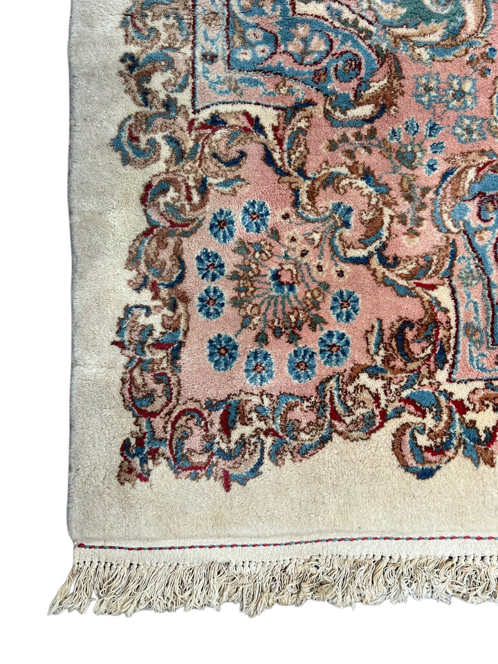 Ivory, Pink &amp; Blue Square European Style Kerman Rug, circa 1950 – 13’9” × 15’6”