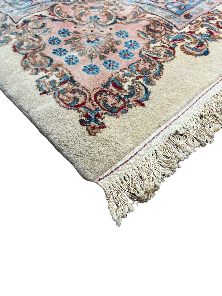 Ivory, Pink &amp; Blue Square European Style Kerman Rug, circa 1950 – 13’9” × 15’6”