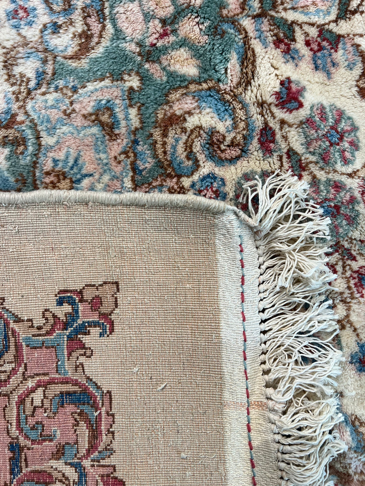 Ivory, Pink &amp; Blue Square European Style Kerman Rug, circa 1950 – 13’9” × 15’6”