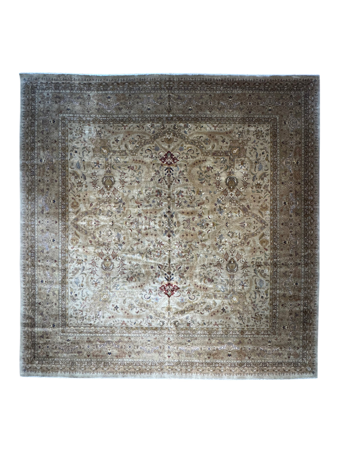 Ivory &amp; Taupe Indian Tabriz Square Wool Rug – 14’8” × 15’0”