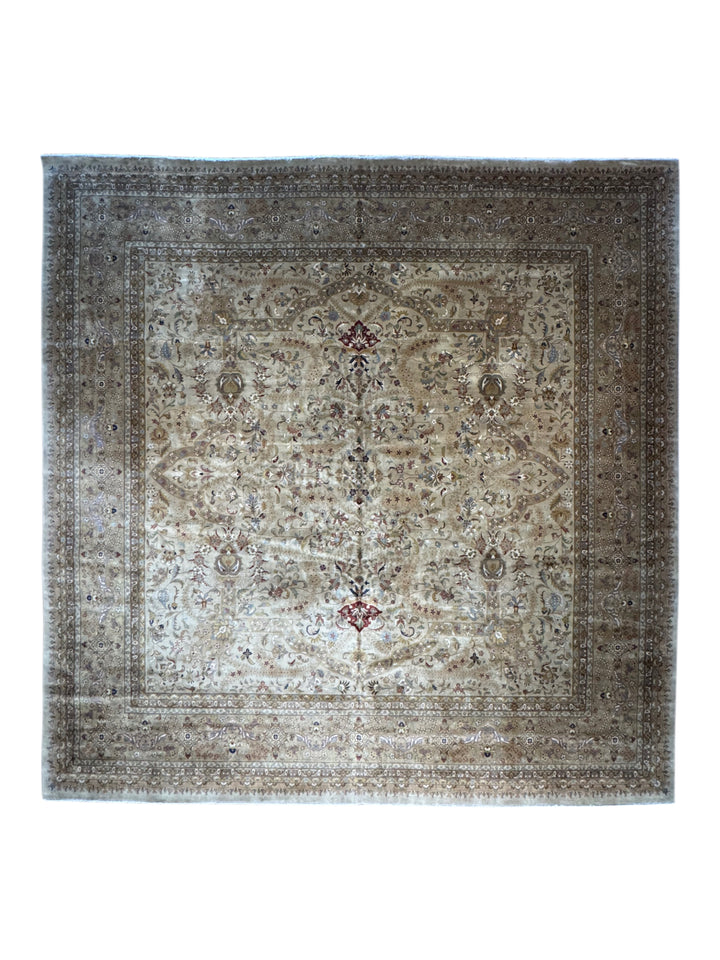 Ivory &amp; Taupe Indian Tabriz Square Wool Rug – 14’8” × 15’0”